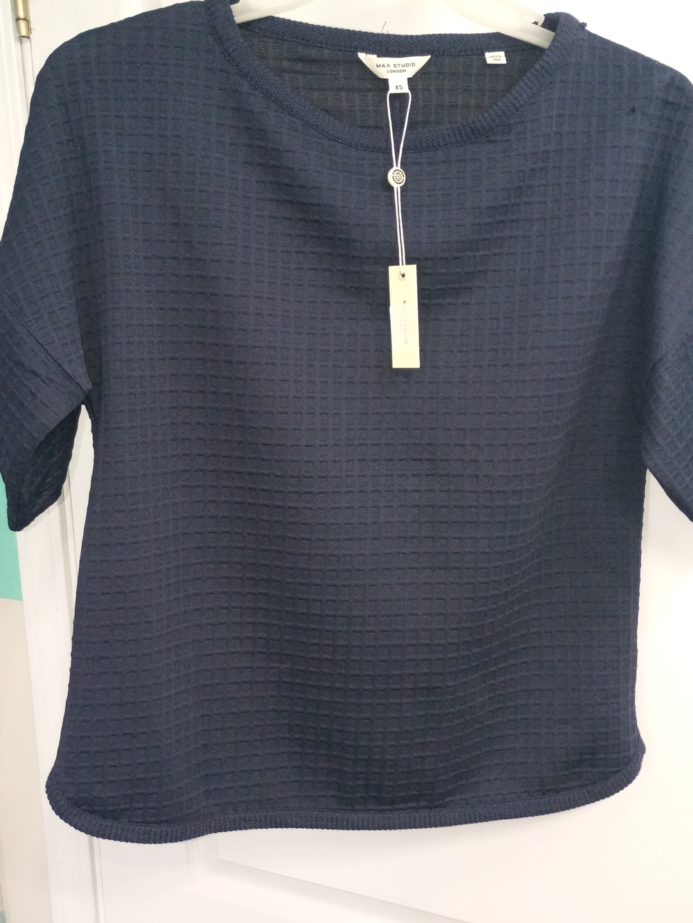 Max Studio Navy Textured Crew Short-Sleeve Top